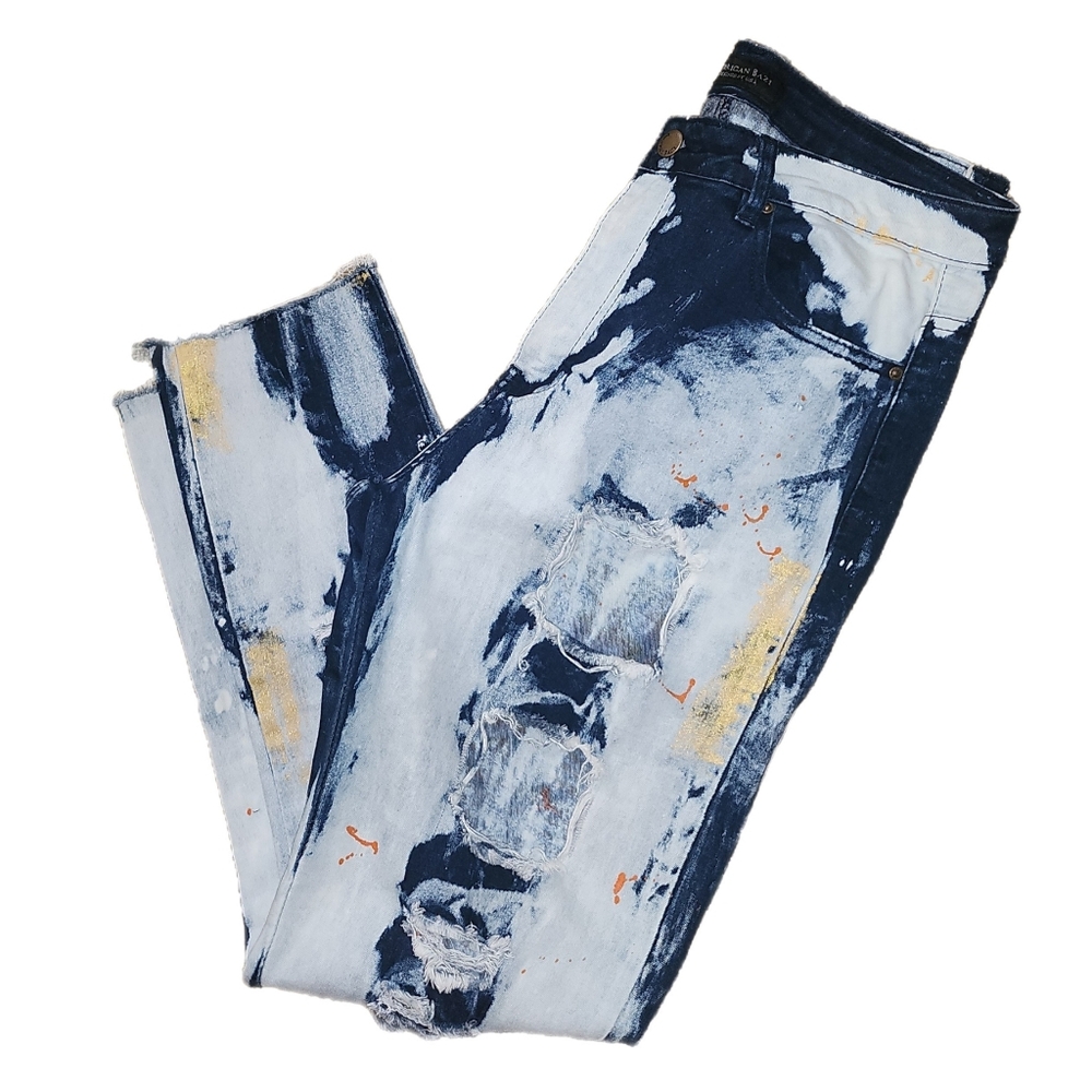 AMERICAN BAZI SKINNY BLEACH PAINTED DISTRESSED JEANS SIZE L - Picture 2 of 6